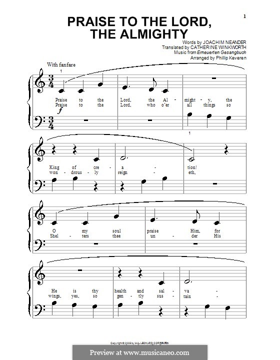 Praise to the Lord, the Almighty: For piano (C Major) by Unknown (works before 1850)