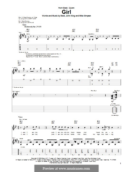 Girl (Beck): For guitar with tab by Beck Hansen, John King, Mike Simpson