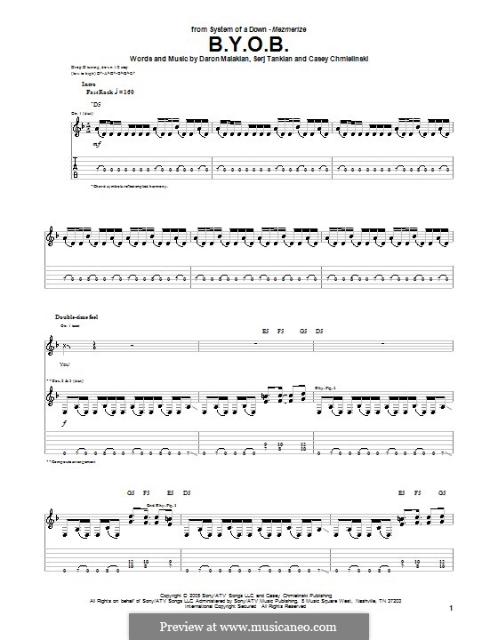 B.Y.O.B. (System of a Down): For guitar with tab by Casey Chmielinski, Daron Malakian, Serj Tankian