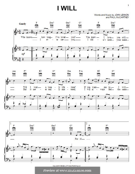 I Will (The Beatles): For voice and piano (or guitar) by John Lennon, Paul McCartney