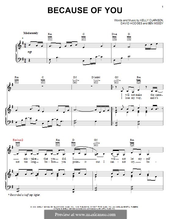 Because of You: For voice and piano or guitar (E Minor) by Ben Moody, David Hodges, Kelly Clarkson