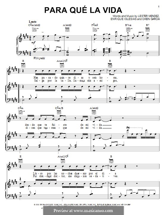 Para Qué la Vida (Enrique Iglesias): For voice and piano (or guitar) by Chein Garcia, Lester A. Mendez