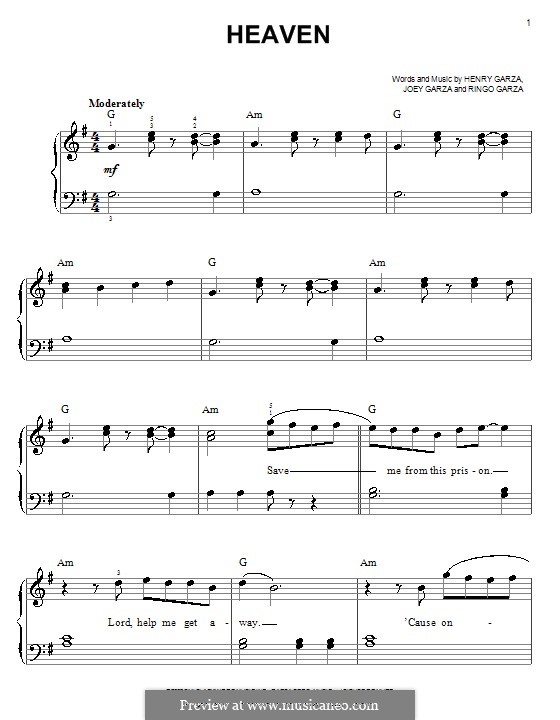 Heaven (Los Lonely Boys): For easy piano by Henry Garza, Joey Garza, Ringo Garza
