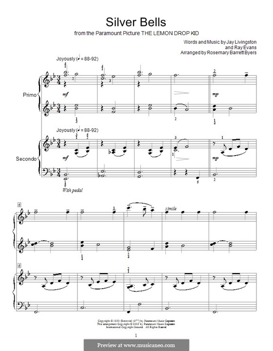 Piano version: For four hands by Jay Livingston, Raymond Evans