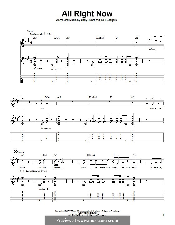 All Right Now (Free): For guitar with tabulature by Andy Fraser, Paul Rodgers