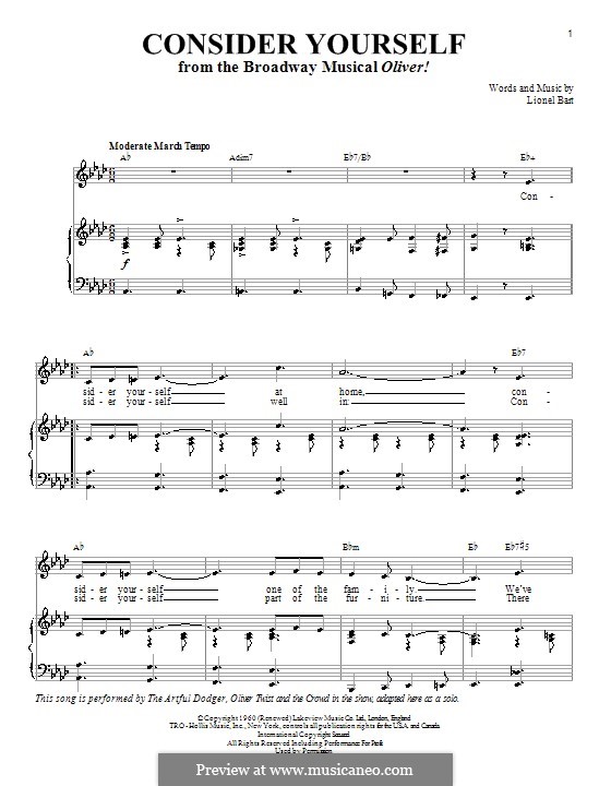 Consider Yourself (from Oliver!): For voice and piano or guitar (A Flat Major) by Lionel Bart