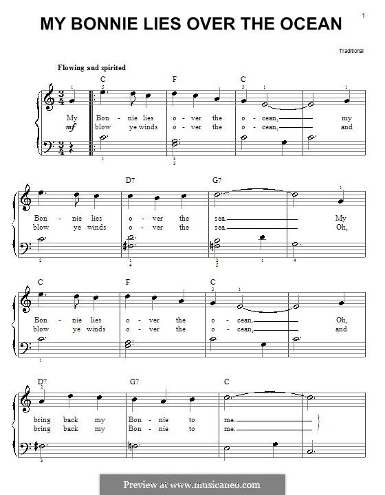 My Bonnie is over the Ocean: For easy piano by folklore
