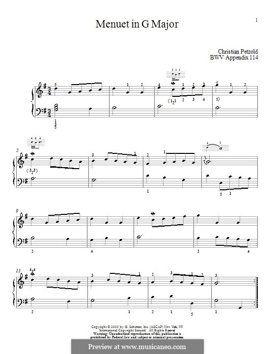 No.4 Minuet in G Major, for Piano, BWV Anh.114: For a single performer (by Christian Petzold) by Johann Sebastian Bach