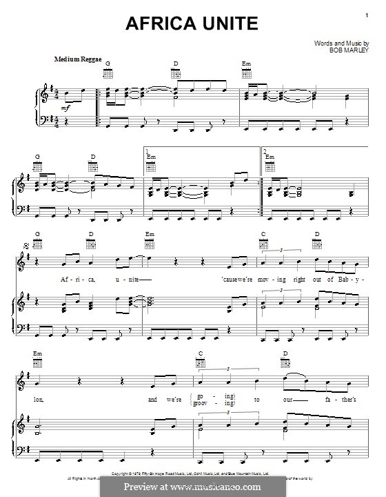 Africa Unite: For voice and piano (or guitar) by Bob Marley