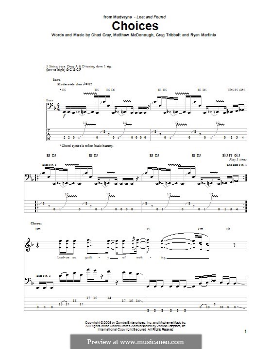 Choices (Mudvayne): For bass guitar with tab by Chad Gray, Greg Tribbett, Matthew McDonough, Ryan Martinie