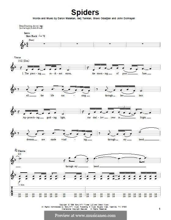 Spiders (System of a Down): For guitar with tab by Daron Malakian, John Dolmayan, Serj Tankian, Shavo Odadjian