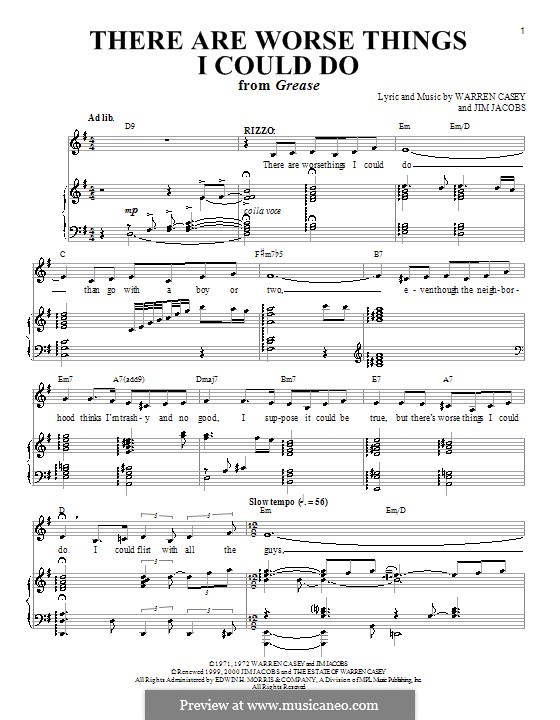 There Are Worse Things I Could Do (from Grease): For voice and piano or guitar (Stockard Channing) by Jim Jacobs, Warren Casey