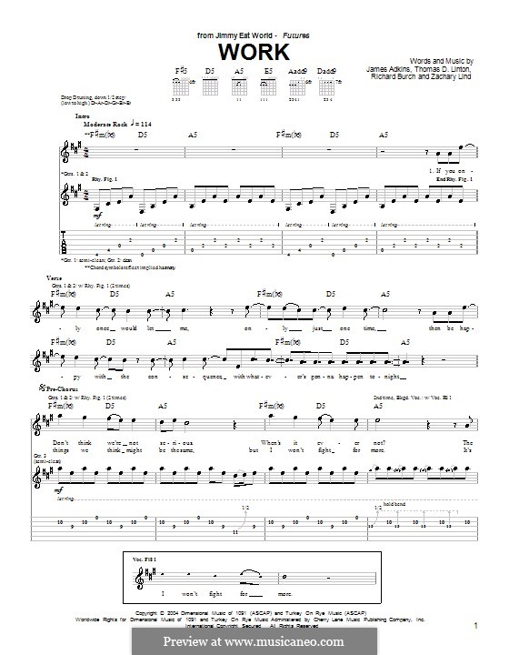 Work (Jimmy Eat World): For guitar with tab by James Adkins, Richard Burch, Thomas D. Linton, Zachary Lind