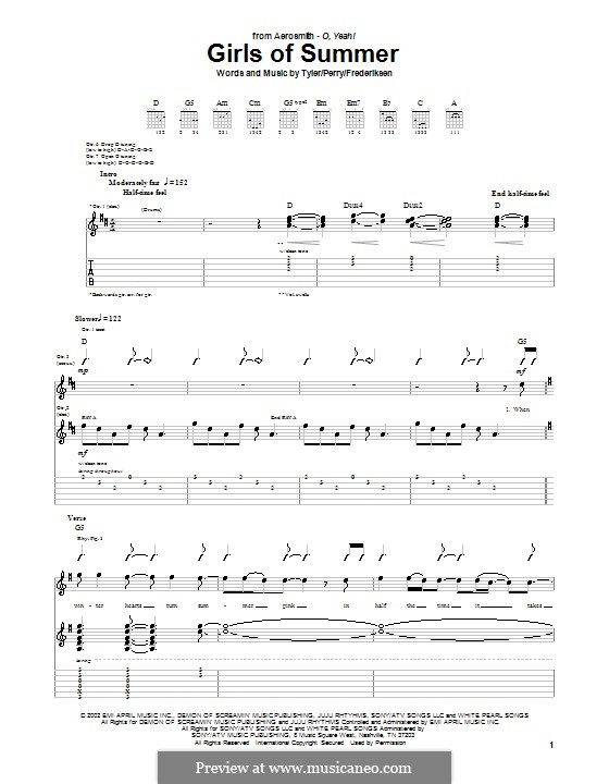 Girls of Summer (Aerosmith): For guitar with tab by Joe Perry, Martin Frederiksen, Steven Tyler
