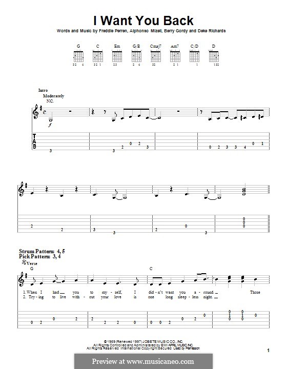 I Want You Back (The Jackson 5): For easy guitar with tab by Alphonso Mizell, Berry Gordy, Deke Richards, Freddie Perren