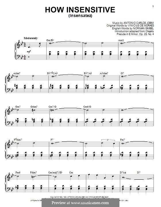 How Insensitive (Insensatez): For voice and piano (or guitar) by Antonio Carlos Jobim