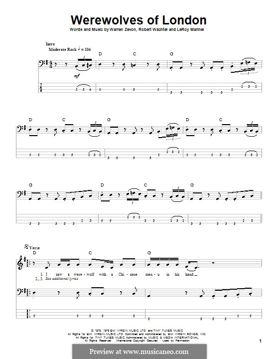 Werewolves of London: For bass guitar with tabulature by Leroy Marinel, Waddy Wachtel, Warren Zevon