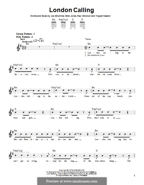 London Calling (The Clash): For guitar (very easy version) by Joe Strummer, Mick Jones, Paul Simonon, Topper Headon