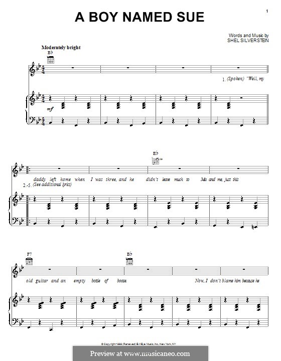 A Boy Named Sue (Johnny Cash): For voice and piano (or guitar) by Shel Silverstein