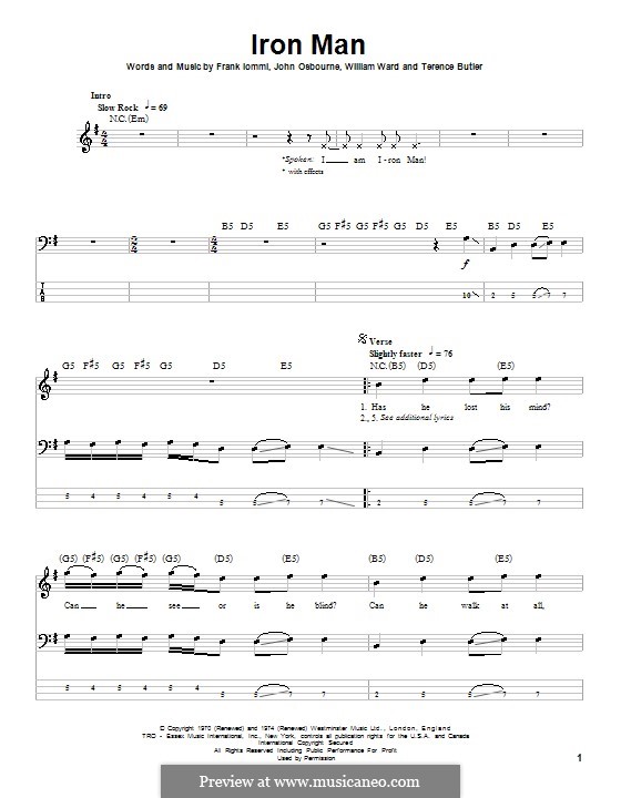 Iron Man (Black Sabbath): For bass guitar with tab by Geezer Butler, Ozzy Osbourne, Tony Iommi, Bill Ward