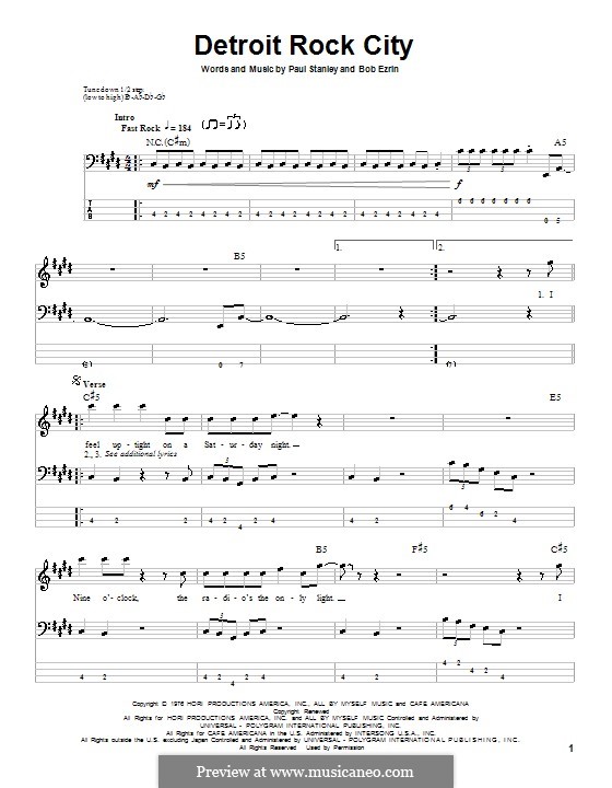 Detroit Rock City (KISS): For bass guitar with tab by Bob Ezrin, Paul Stanley