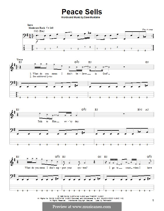 Peace Sells (Megadeth): For bass guitar with tab by Dave Mustaine