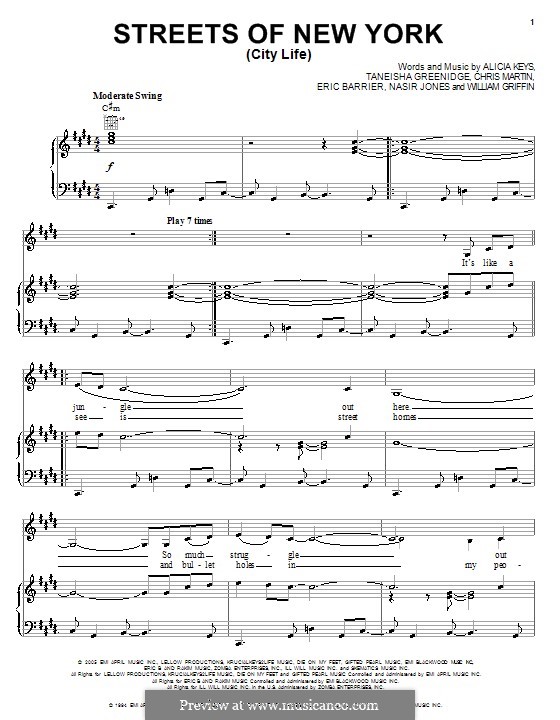 Streets of New York (City Life): For voice and piano or guitar (Alicia Keys) by Chris Martin, Eric Barrier, Nasir Jones, Taneisha Greenidge, William Griffin