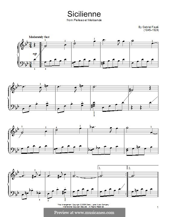 Sicilienne for Cello and Piano, Op.78: Version for easy piano by Gabriel Fauré