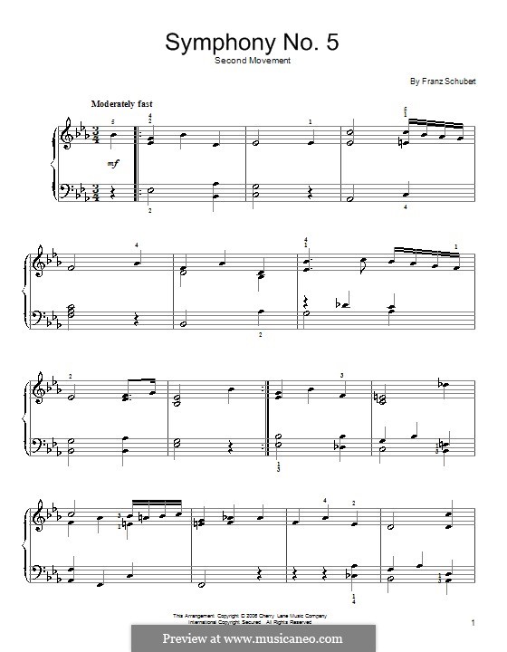 Symphony No.5 in B Flat Major, D.485: Movement II (Theme). Version for easy piano by Franz Schubert