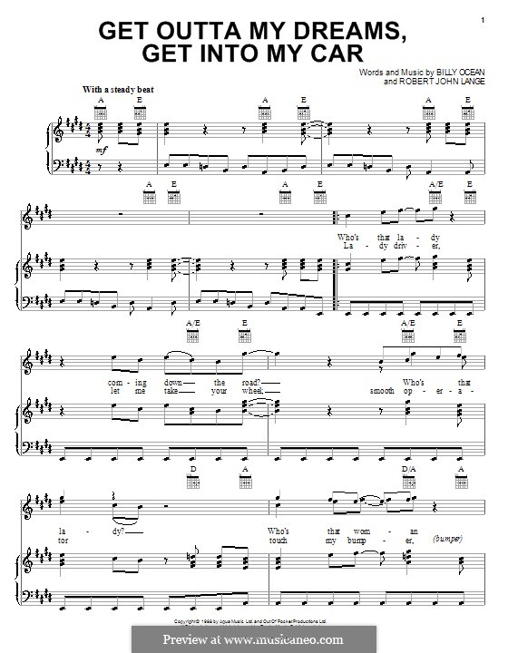 Get Outta My Dreams, Get Into My Car (Billy Ocean): For voice and piano (or guitar) by Robert John Lange