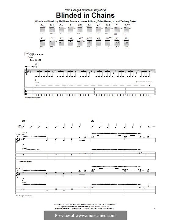 Blinded in Chains (Avenged Sevenfold): For guitar with tab by Brian Haner Jr., James Sullivan, Matthew Sanders, Zachary Baker