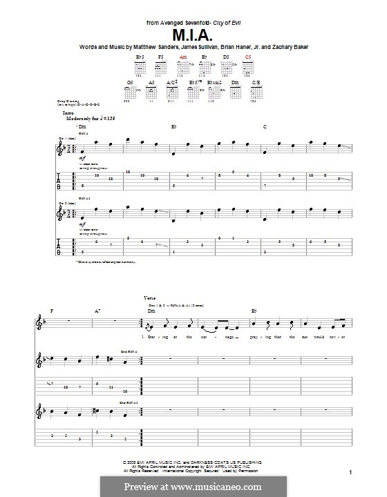 M.I.A. (Avenged Sevenfold): For guitar with tab by Brian Haner Jr., James Sullivan, Matthew Sanders, Zachary Baker