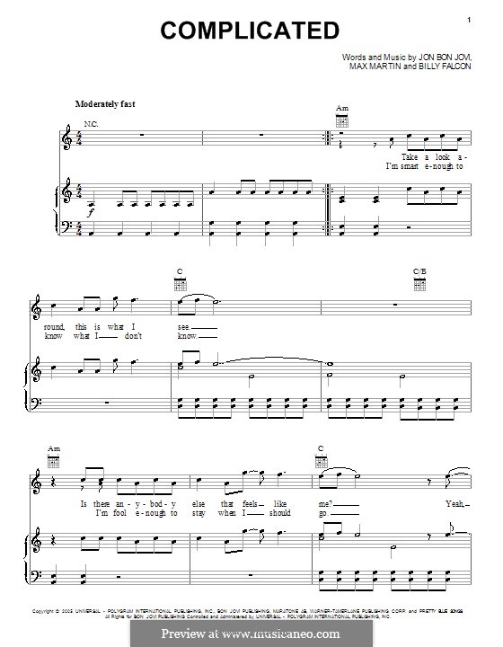 Complicated (Bon Jovi): For voice and piano (or guitar) by Billy Falcon, Jon Bon Jovi, Max Martin