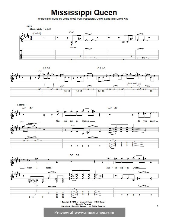 Mississippi Queen (Mountain): For guitar with tab by Corky Laing, David Rea, Felix Pappalardi, Leslie West