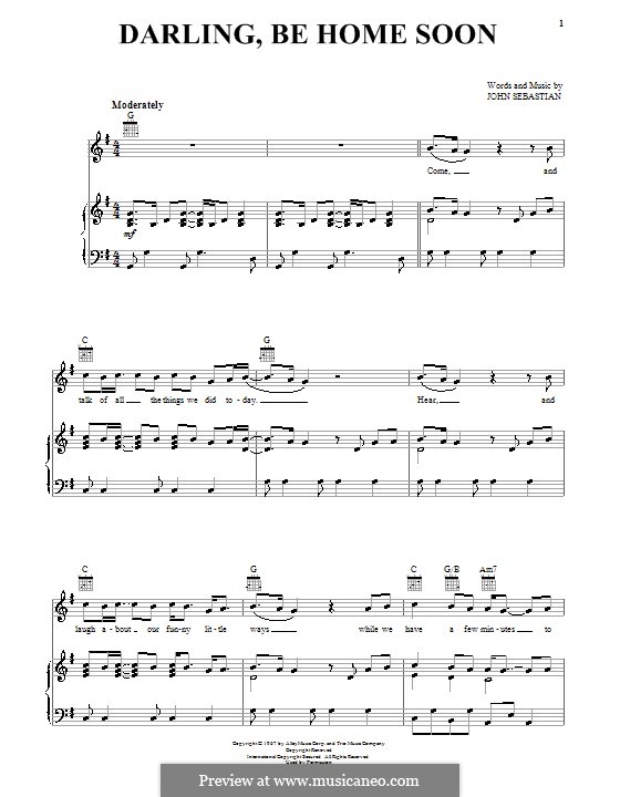 Darling, Be Home Soon (The Lovin' Spoonful): For voice and piano (or guitar) by John B. Sebastian