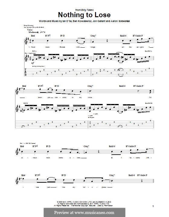 Nothing to Lose (Billy Talent): For guitar with tab by Aaron Solowoniuk, Ben Kowalewicz, Ian D'Sa, Jon Gallant