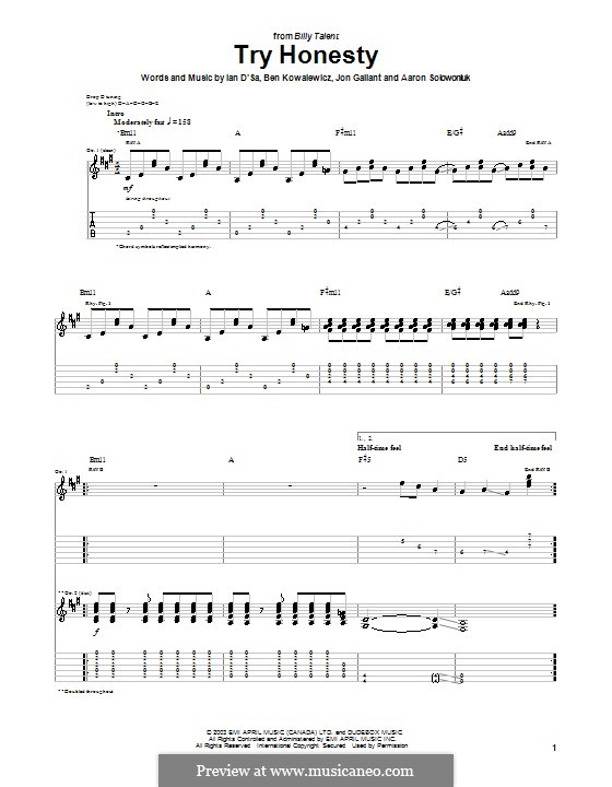 Try Honesty (Billy Talent): For guitar with tab by Aaron Solowoniuk, Ben Kowalewicz, Ian D'Sa, Jon Gallant