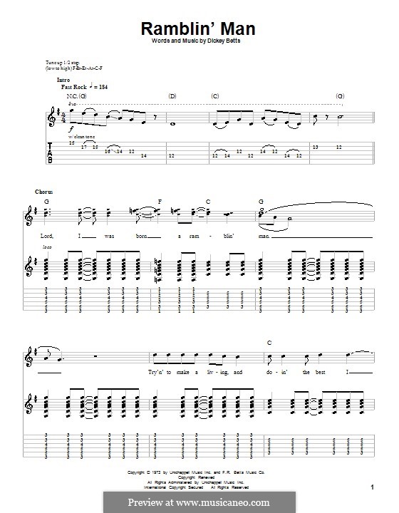 Ramblin' Man (The Allman Brothers Band): For guitar with tab by Dickey Betts