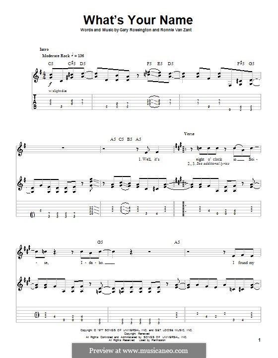 What's Your Name (Lynyrd Skynyrd): For guitar with tab by Gary Rossington, Ronnie Van Zant