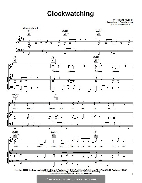 Clockwatching (Jason Mraz): For voice and piano (or guitar) by Ainslie Henderson, Dennis Morris