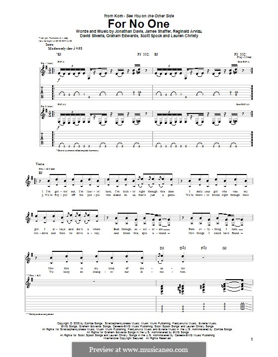 For No One (Korn): For guitar with tab by David Silveria, Graham Edwards, James Shaffer, Jonathan Davis, Lauren Christy, Reginald Arvizu, Scott Spock
