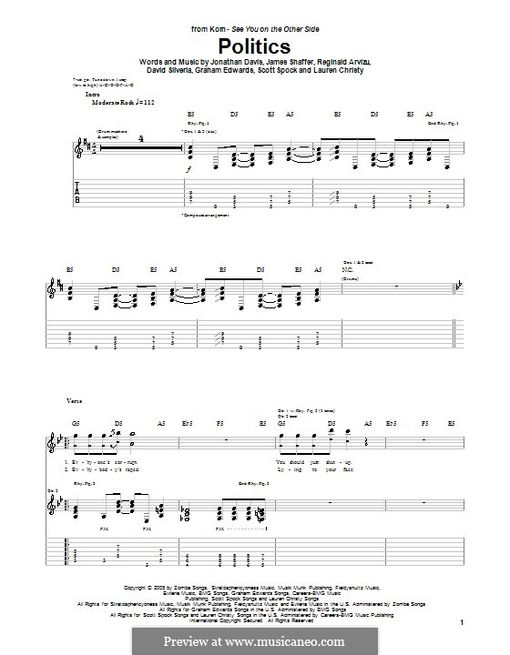 Politics (Korn): For guitar with tab by David Silveria, Graham Edwards, James Shaffer, Jonathan Davis, Lauren Christy, Reginald Arvizu, Scott Spock