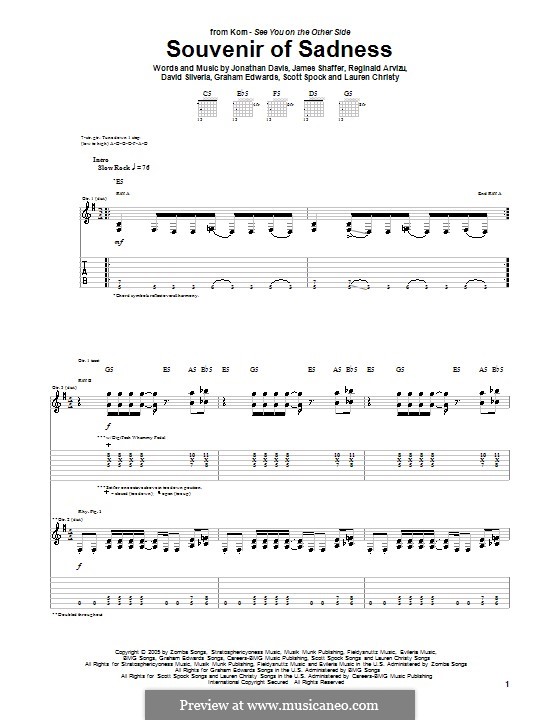 Souvenir of Sadness (Korn): For guitar with tab by David Silveria, Graham Edwards, James Shaffer, Jonathan Davis, Lauren Christy, Reginald Arvizu, Scott Spock