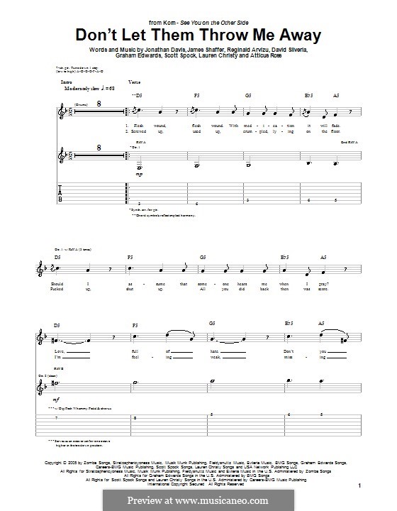 Don't Let Them Throw Me Away (Korn): For guitar with tab by Atticus Ross, David Silveria, Graham Edwards, James Shaffer, Jonathan Davis, Lauren Christy, Reginald Arvizu, Scott Spock