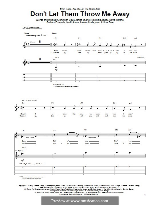 Don't Let Them Throw Me Away (Korn): For guitar with tab by Atticus Ross, David Silveria, Graham Edwards, James Shaffer, Jonathan Davis, Lauren Christy, Reginald Arvizu, Scott Spock