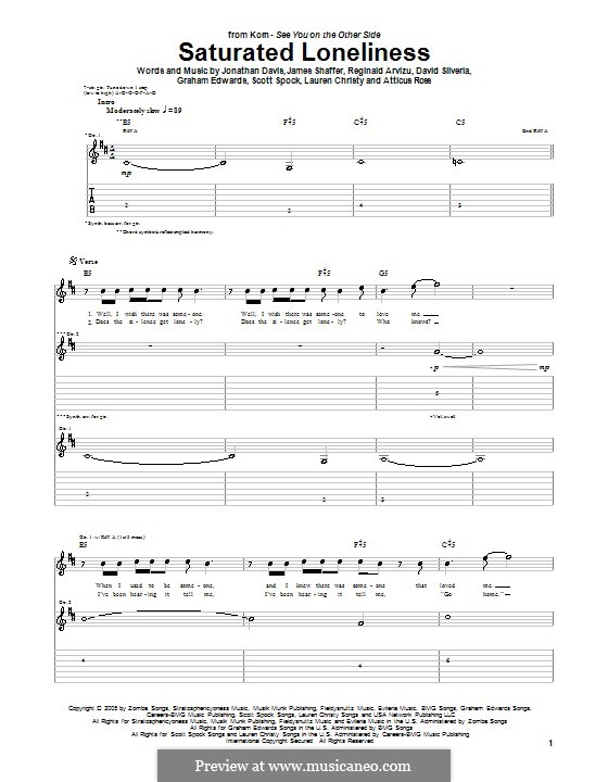 Saturated Loneliness (Korn): For guitar with tab by Atticus Ross, David Silveria, Graham Edwards, James Shaffer, Jonathan Davis, Lauren Christy, Reginald Arvizu, Scott Spock