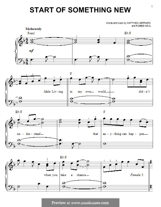 Start of Something New (from High School Musical): For easy piano by Matthew Gerrard, Robbie Nevil