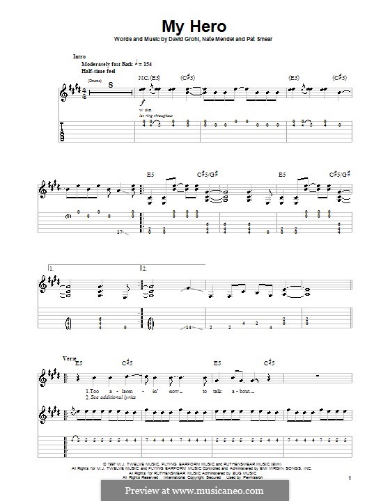 My Hero sheet music for guitar (tablature) (PDF) v2