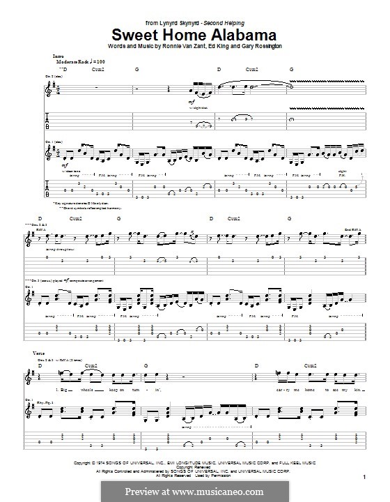 Sweet Home Alabama (Lynyrd Skynyrd): For guitar with tab by Ed King, Gary Rossington, Ronnie Van Zant