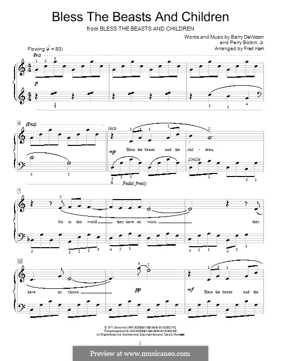 Bless the Beasts and Children (Carpenters): For easy piano by Barry DeVorzon, Perry Botkin Jr.